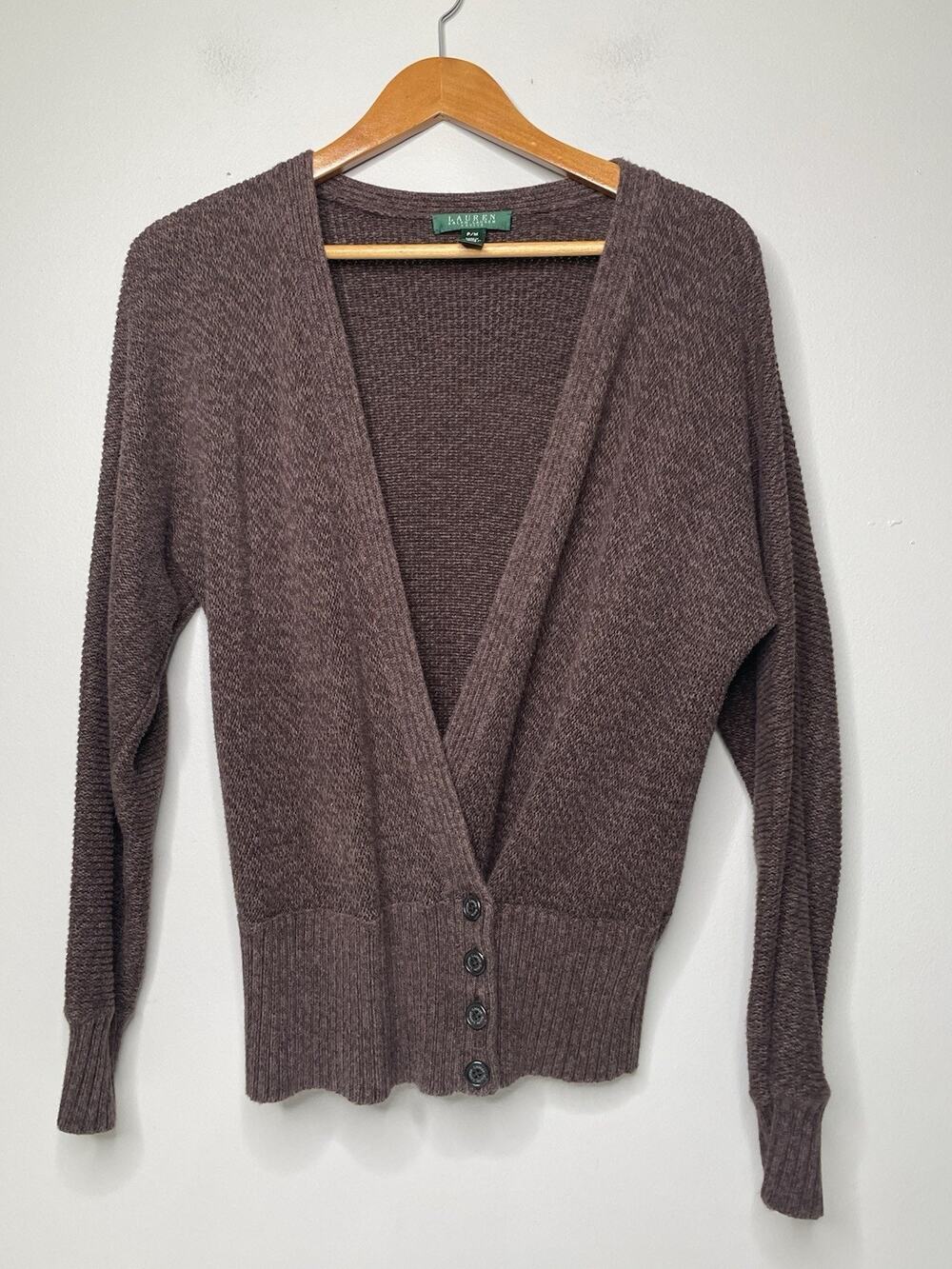 Lauren Ralph Lauren Petite P/M Brown Cotton Deep V Button Cardigan Sweater